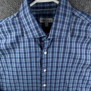 Peter Millar Blue Plaid Long Sleeve Button Up Shirt Men Large Cotton Nylon Span